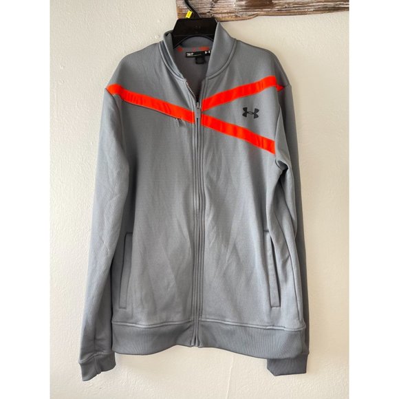 Men's Under Armour SM/P Full Zip Jacket Fleece Lined Pockets L/S Grey Orange - Picture 1 of 9